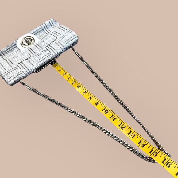 Alma Tonutti Italy Leather Fabric Purse Bag Silver Chain Strap Woven White Tan - Picture 11 of 11